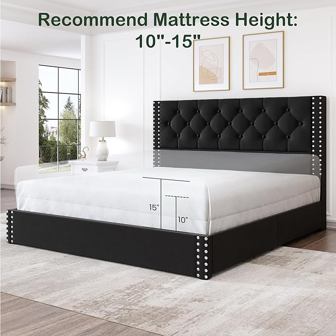 Queen Size Platform Bed Frame with 4 Storage Drawers and Tufted Headboard Velvet Upholstered Bed Frame with Heavy Duty Wood Slats, No Box Spring Needed, Easy Assembly, Black