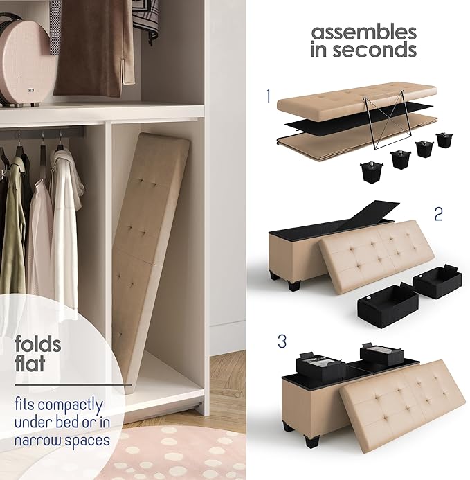 STORAGEBUD Storage Ottoman Bench with Bins, 43-in Storage Bench for Bedroom End of Bed, Folding Foot Rest Ottoman for Living Room Max 660lbs, Faux Leather Ottomans, Taupe