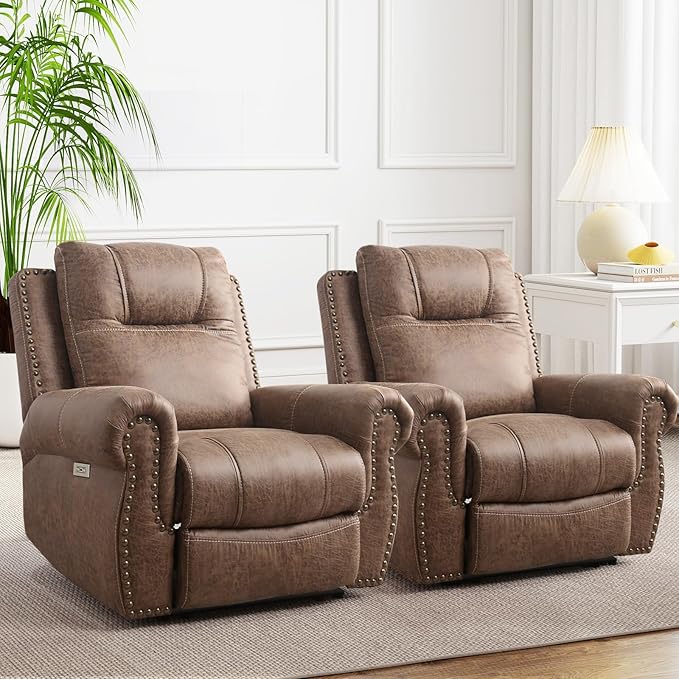 ANJ Electric Power Recliner Chair with USB Ports, Set of 2, Breathable Faux Leather Oversized Recliner with Comfortable Arms, Back and Headrest, Single Sofa for Living Room, Nut Brown