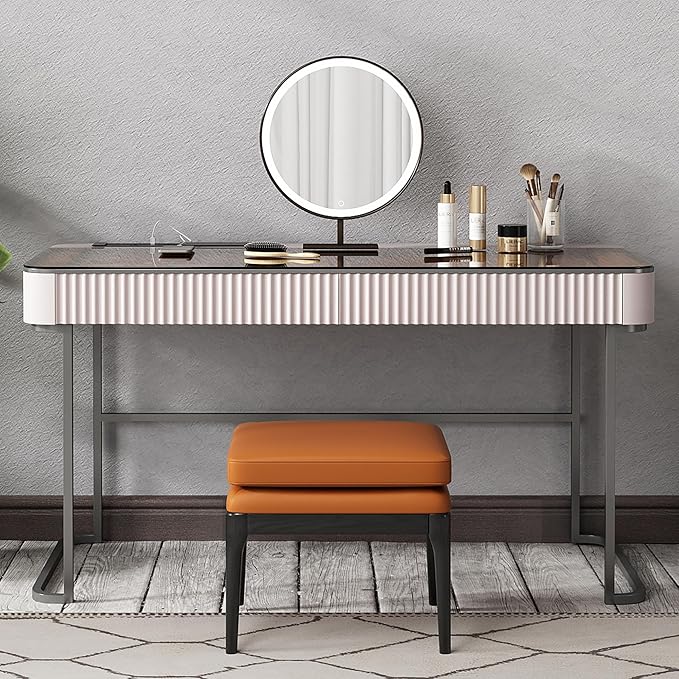 Lartis Makeup Vanity,Dresser Stool Set,Dresser,Computer Desk,partitioned Storage,Smart Socket,LED Makeup Mirror (Beige White, 47 in)