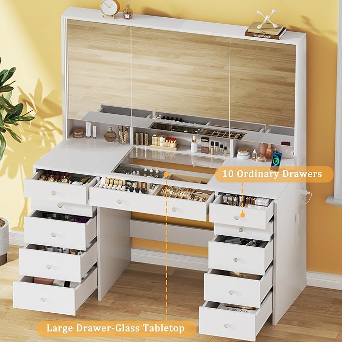 Vanity Desk with Mirror and Lights, 50" Makeup Vanity with Glass Top & Power Outlet, White Vanity with 11 Drawers & 8 Hidden Storage Shelves, 3 LED Lighting Modes Adjustable for Bedroom