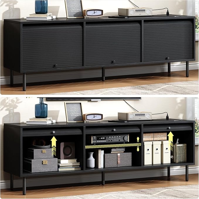 68 Inch TV Stand for TVs up to 75 Inch, Entertainment Center with Power Outlet, Mid-Century Modern TV Console with Storage, Adjustable Shelf & Sliding Doors, TV Stand for Living Room, Black
