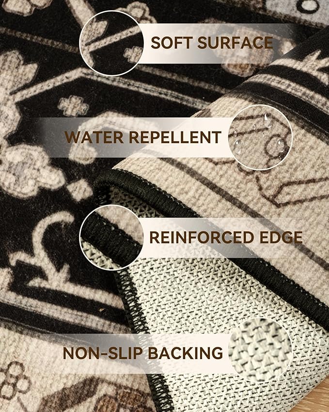 Area Rugs 5'x8' Washable Non-Slip, Floral Vintage Distress Print Pattern Medallion Carpet for Living Room Bedroom Dining Room, Black Brown Neutral Dark Tan