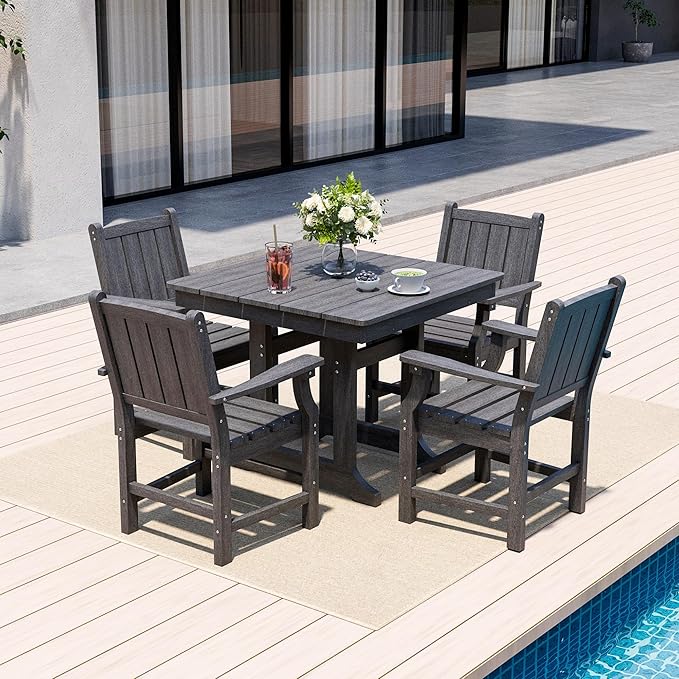 Wood Grain 5-Piece Outdoor Dining Set, Spacious HDPE Outdoor Table and Chairs, All-Weather Patio Table and Chairs Set with Umbrella Hole and Elegant Armrest for Porch, Poolside, Gray