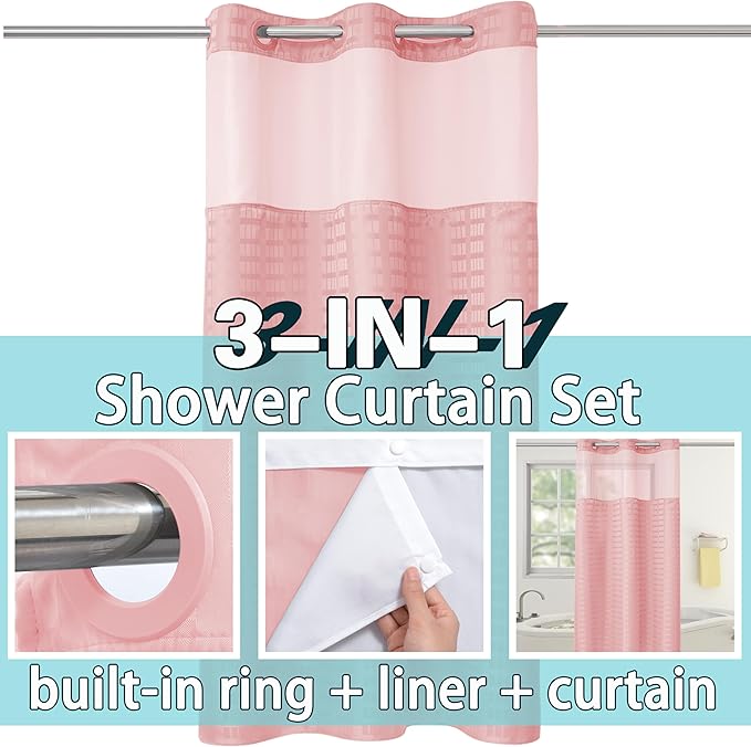 Conbo Mio Stall No Hook Shower Curtain with Snap in Liner Set, Hotel Luxury Pink Shower Curtains for Bathroom with See Through Top Window, Waterproof, Washable 36W x 74H