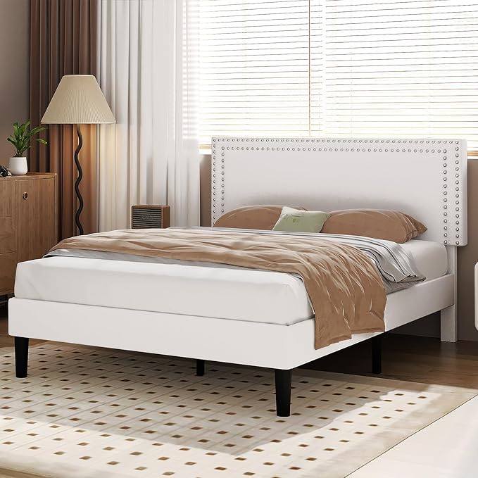 VECELO Queen Size Bed Frame with Adjustable Upholstered Headboard, Wooden Slats Platform, Noise-Free Design, Easy Assembly