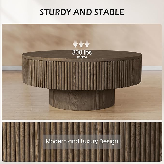 31.5” Round Fluted Coffee Table, Modern Wood Circle Coffee Table, Veneer Handcrafted Relief Tea Table with Sturdy Pedestal for Living Room - Brown