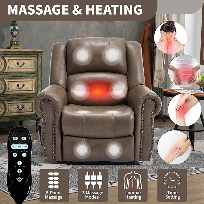 Dual Motor Power Lift Chair, Lay Flat Recliner Chair, Electric Recliner with Massage and Heat for Elderly, Remote Control, Infinite Position, Standing Assistance, USB Ports (Khaki, Genuine Leather)