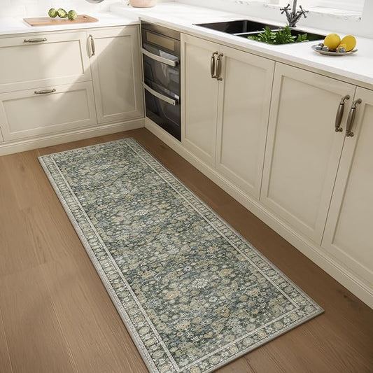 2'x6' Washable Runner Rug Utral Soft Lightweight Vintage Boho Distressed Non-Slip Backing,Low Pile Stain Resistant Farmhouse Rug for High-Traffic Hallway, Kitchen & Laundry