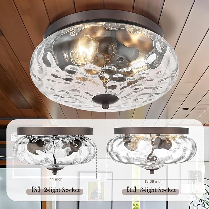 Darkaway Large Ceiling Light Fixtures, 3-Light Flush Mount Indoor Outdoor Ceiling Light with Water Ripple Glass Shade for Porch Hallway Kitchen Living Room Bronze Finish
