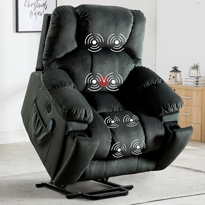 Power Lift Recliner Chair with Massage and Heating, Lift Chairs Recliner for Elderly, Upholstered Comfy Power Lift Chair with 2 Hidden Cup Holders, Side Pockets, USB Port, Grey Green