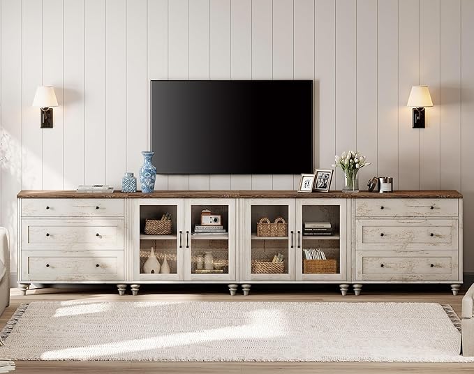WAMPAT Modern TV Stand for TVs up to 110 inch, 4 in 1 Entertainment Center with Storage Cabinets and 4 Glass Door, Media Console with 6 Drawer Dresser for Living Room, Rustic White