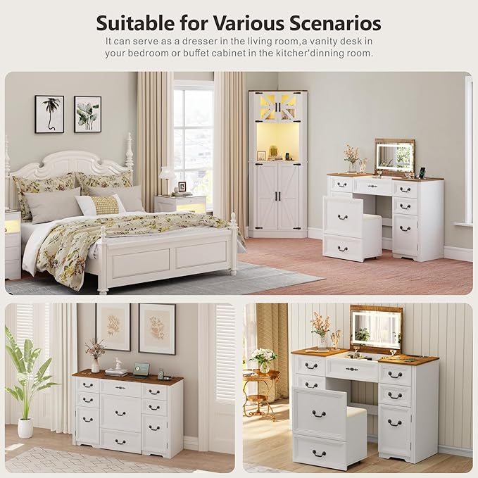 Farmhouse Vanity Desk with Flip up Vanity Mirror and Lights,Rustic Makeup Vanity with Charging Station and Hidden Drawer,Vanity Table Set with Drawers/6-Compartment/Cabinets,White