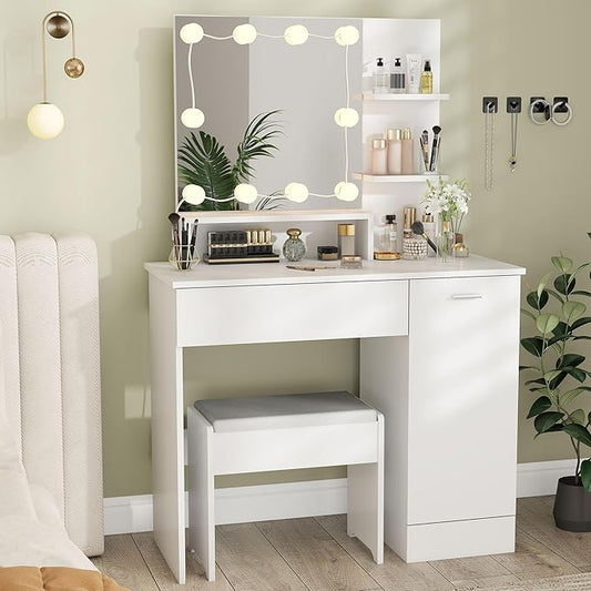 White Makeup Vanity Desk: 35" Makeup Vanity with Lights and Mirror, Wood Make Up Table with Drawers, Bedroom LED Make Up Desk and Stool Set (White)