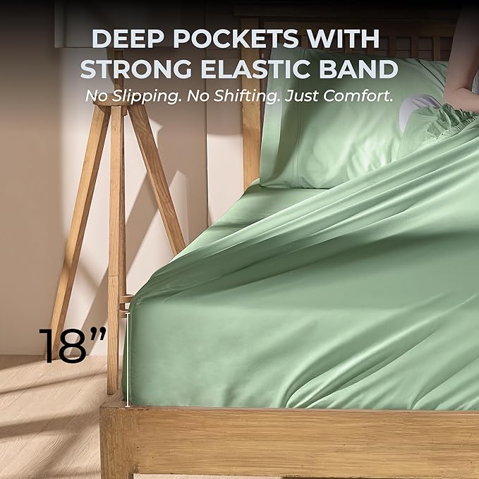 100% Natural Cotton Sheets Queen Size Bed Set | 500 TC Single-Ply Sateen Weave | Soft, Breathable, Hypoallergenic Solid 4-Piece Bedding with Deep Pocket Fitted, Flat, Pillowcase | Sage