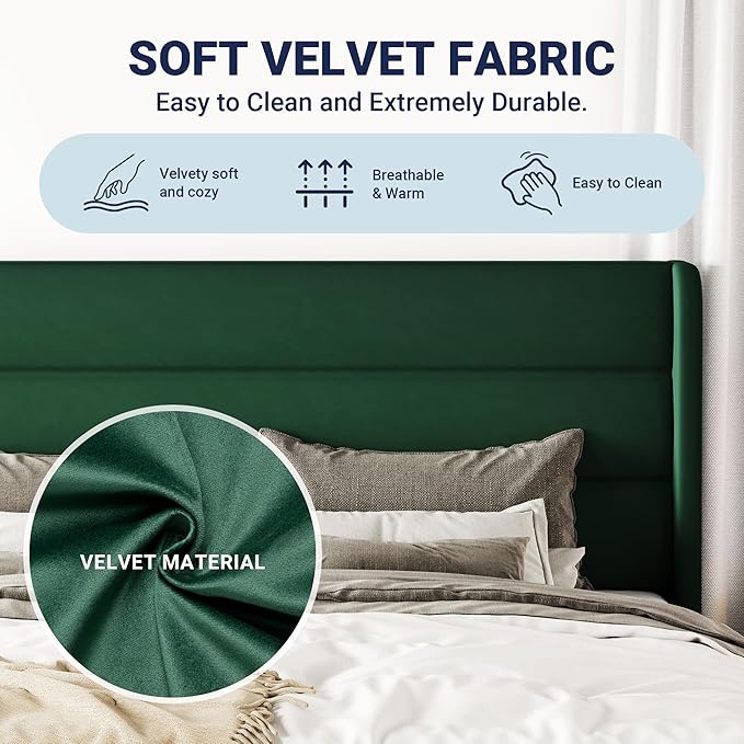Allewie Queen Size Platform Bed Frame with Velvet Upholstered Wingback Headboard, No Box Spring Needed, Under Bed Storage Space, Strong Wooden Slats, Modern Mattress Foundation, Easy Assembly, Green