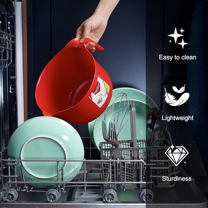 9 Pc Large Mixing Bowls with Handles, 3.6 qt - Plastic Nesting Bowls for Kitchen, Lightweight Batter Bowls, Easy to Clean (Includes: 4 Mixing Bowls + 5 Measuring Spoons Set)