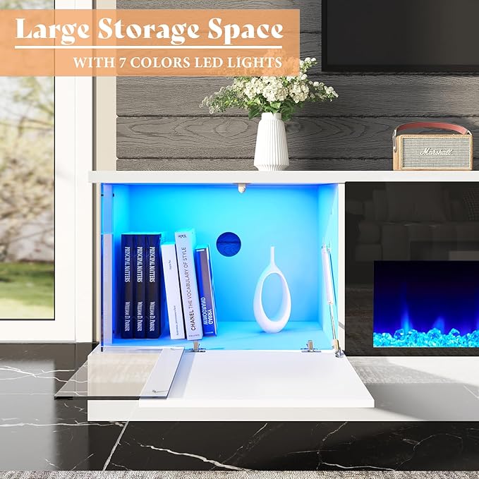 AMERLIFE High Gloss Fireplace TV Stand with 40" Fireplace, 80" LED Lights Entertainment Center with Flip Doors & Corner Glass Decor, Modern TV Console Table for TVs up to 90", Living Room, White