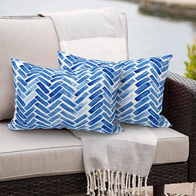 Outdoor/Indoor Lumbar Pillows, Water Repellent Cushion Pillows, 12x20 Inch, Outdoor Pillows with Inserts for Home Garden, Pack of 2, Blue Bricks