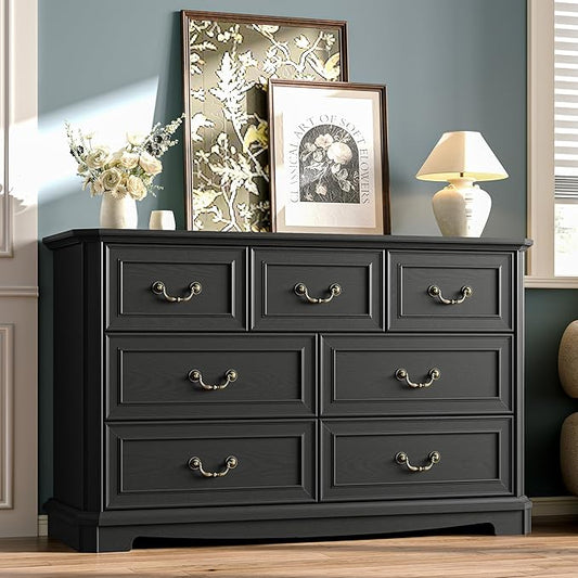 Farmhouse Dresser for Bedroom with 7 Drawer, 48" Wide Rustic Chest of Drawers with Metal Handle, Wood Vintage Dresser TV Stand, Wooden Closet Storage Dressers Organizer for Living Room, Hallway, Black