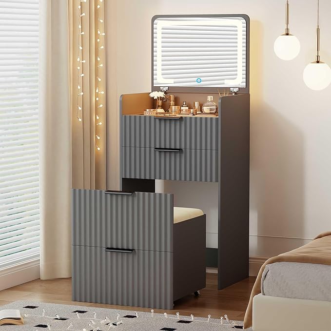 LED Compact Makeup Vanity with Flip Top Mirror, 3 in 1 Small Vanity Set with Glass Desktop, Mini Dressing Table with Storage Compartment and Cushioned Stool,3 Drawers, Bedroom Gray