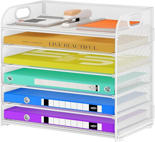6 Tier Paper Organizer with Handle, Metal Desk Organizer Mesh Paper Letter Tray Desktop File Folder Document Sorter for Classroom, School, Office Accessories Organization and Storage - White