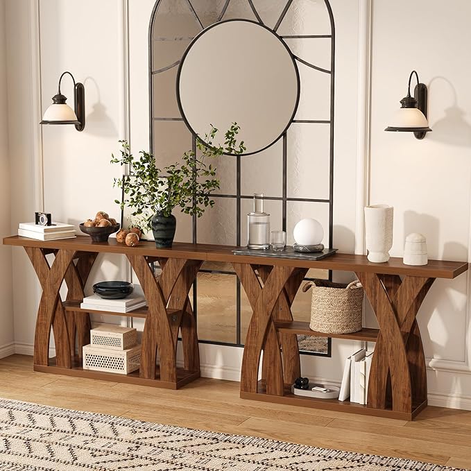 Console Tables, 55-Inches Walnut Console Table with Storage 3-Tier Farmhouse Narrow Entryway Table for Living Room, Hallway, Foyer(Brown)