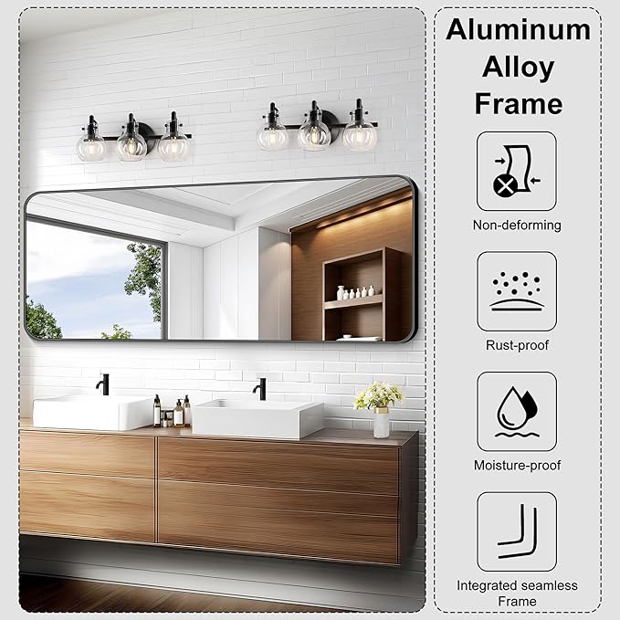 KOCUUY Black Bathroom Mirror 60"x24", Large Vanity Mirror with Rounded Corner, Metal Black Frame with Mordern Design for Bathroom, Living Room, Entryway, Hang Horizontal/Vertical