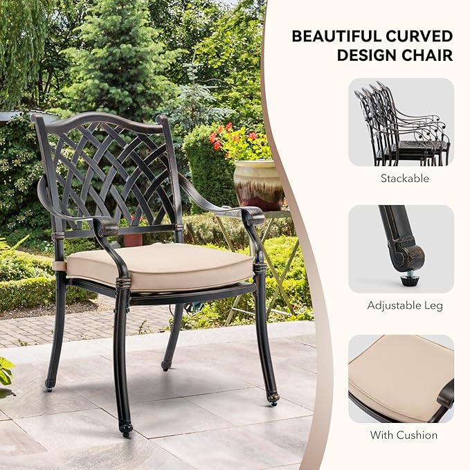 7 Piece Cast Aluminum Outdoor Dining Set Retro Patio Dining Set for 6 Includes 59’’ Rectangular Table and 6 Chairs with Removable Cushion and Umbrella Hole for Patio Deck Garden Porch