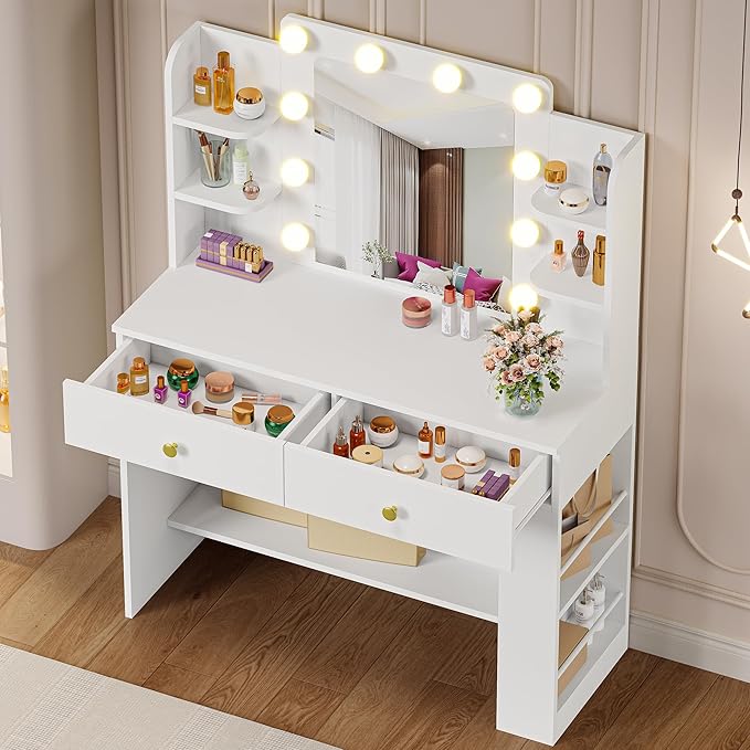IRONCK Vanity Desk with Mirror and Lights, Small Makeup Vanity Table with 3 Color Modes, 2 Drawers, 2 Side Shelves & Open Storage Shelves, Dressing Table for Bedroom,White