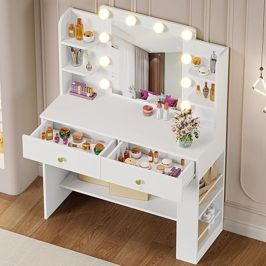 IRONCK Vanity Desk with Mirror and Lights, Small Makeup Vanity Table with 3 Color Modes, 2 Drawers, 2 Side Shelves & Open Storage Shelves, Dressing Table for Bedroom,White