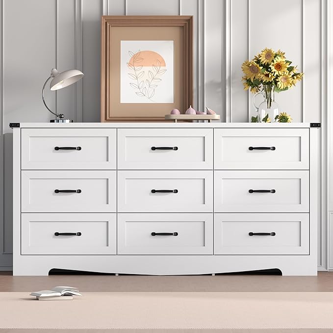 White Dresser for Bedroom, 59'' Wide Wooden Chest of Drawers with Natural Wood Texture, 9 Drawer Dresser for Closet with Metal Handles, Sleek Storage Solution for Living Room, Office, Hallway