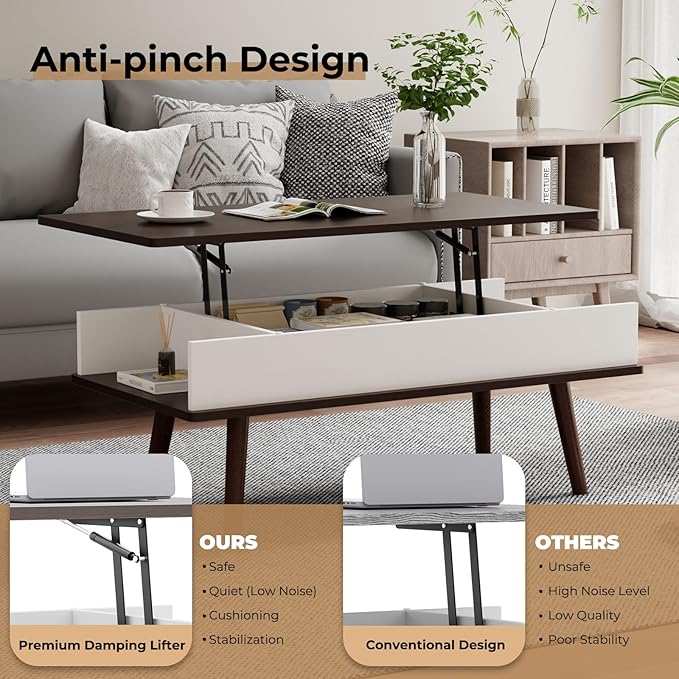 Lift Top Coffee Table, One Minute No Assembly Required Rising Tabletop Center Table with Large Hidden Storage Compartment, Open Shelf, Anti-Pinch Design Mute for Living Room (Black Walnut)