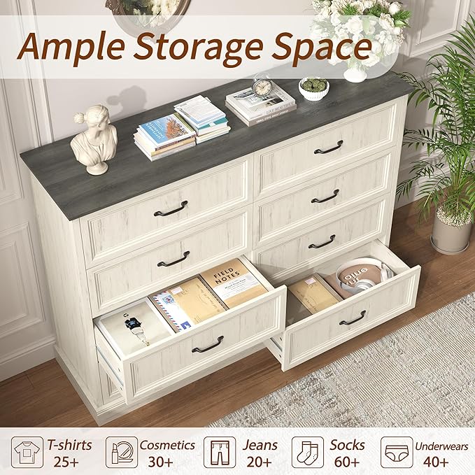 Farmhouse Dresser and Nightstand Sets 3 Piece, Nightstands Set of 2 & 8 Drawers Dresser for Bedroom, 55" Wide and 24" Inch Night Stand Set for Bedroom, Living Room, Hallway, White