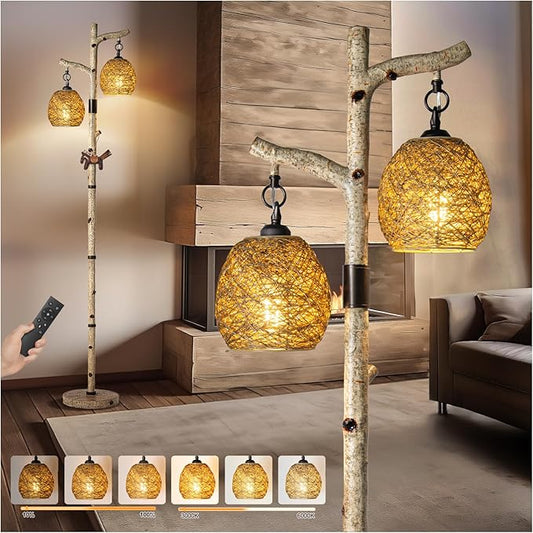 68.5" Rustic Farmhouse Remote Control Switch Birch Tree Floor lamp with Bird Nest Lantern Shade Vintage Standing Lamp for Living Room Bedroom Hotel Bar Office Wood House(Bulb Included)