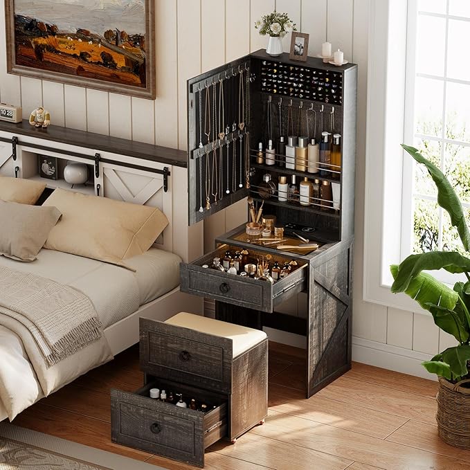 Makeup Vanity Desk with Mirror and Lights,Small Vanity Desk Set with Charging Station & Glass Top,Compact Dressing Table with Jewelry Cabinet & Storage Wheel Stool for Bedroom, Rustic Brown