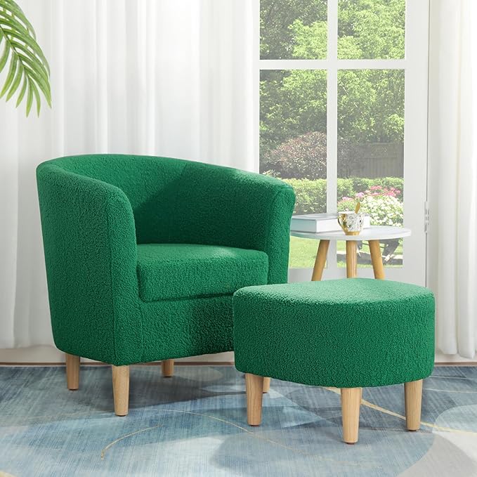 DAZONE Sherpa Accent Chair with Ottoman, Forest Green Cozy Barrel Armchair for Adults, Upholstered Living Room Chair with Footrest, Small Space Reading Chair for Bedroom, Apartment, Home Office