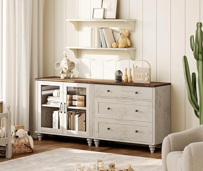 WAMPAT TV Stand for 75 Inch TV, Wood TV Cabinet Entertainment Center Television Stands for Living Room, 2-in-1 Sideboard Buffet Cabinet with Glass Door & Drawer for Kitchen, Rustic White