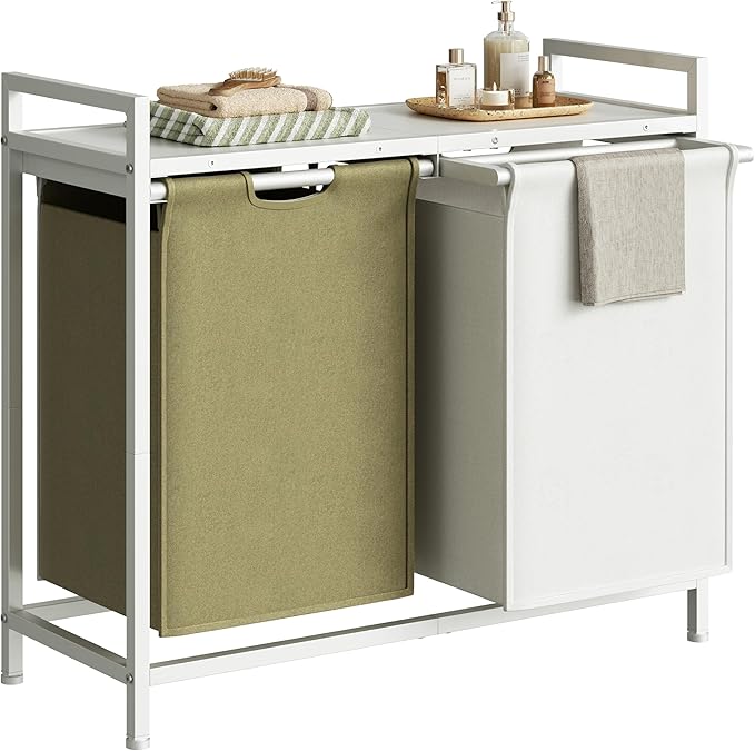 Laundry Hamper with Shelf, Laundry Basket 2 Section, Laundry Sorter with Pull-Out Removable Large 2 Color Bags and Movable, Metal Frame, 2 x 15.87 Gallons (60L), White PF06XLE