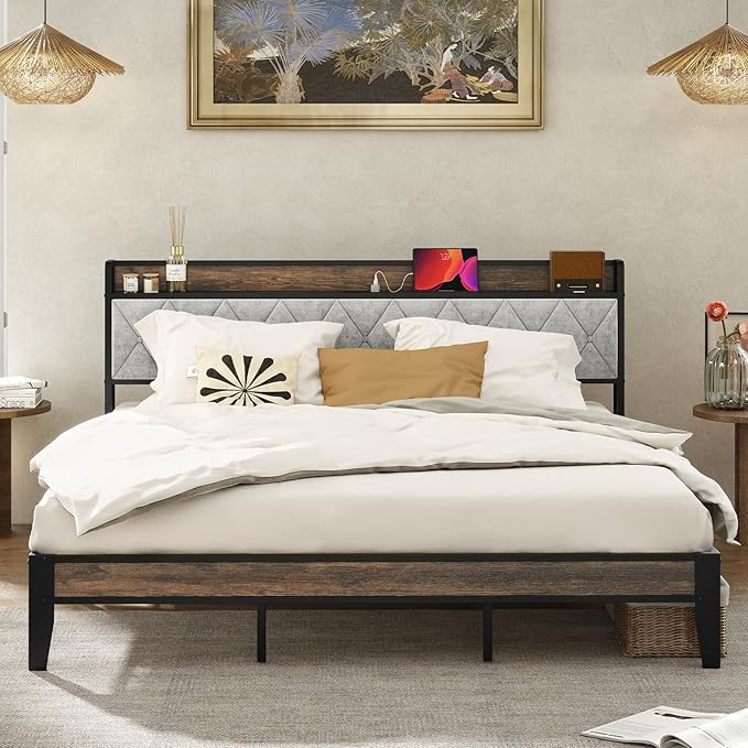 Sweetcrispy King Bed Frame with Headboard,Spacious Underbed Storage,Integrated Charging Station,Durable Squeak-Free Frame,Simple No-Tool Assembly,Works with King Mattress No Box Spring Required