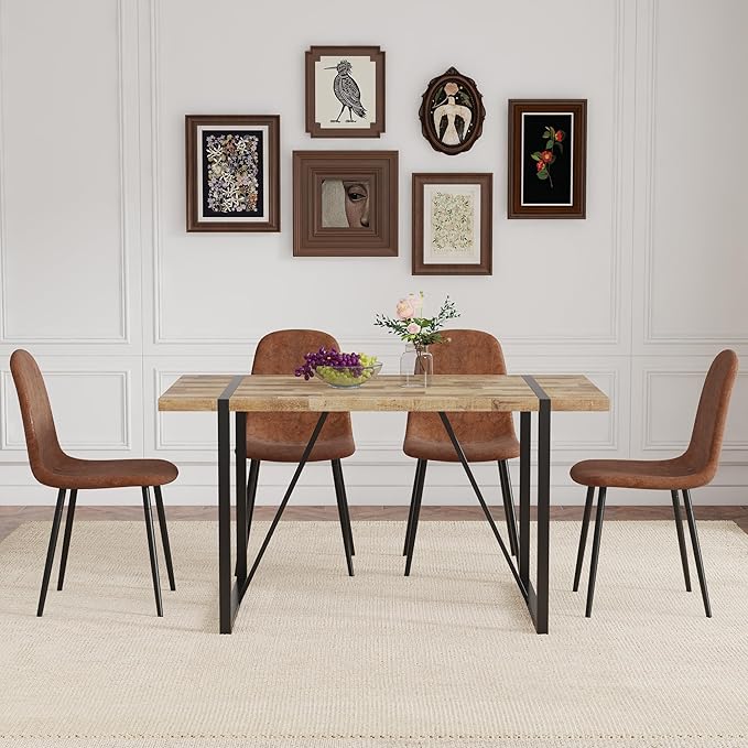 4 Chair Dining Table Set，Dinner Table Set for 4，55'' Kitchen Table and PU Leather Chairs Set of 4, 5 Piece Dining Table Set for Kitchen Dining Room