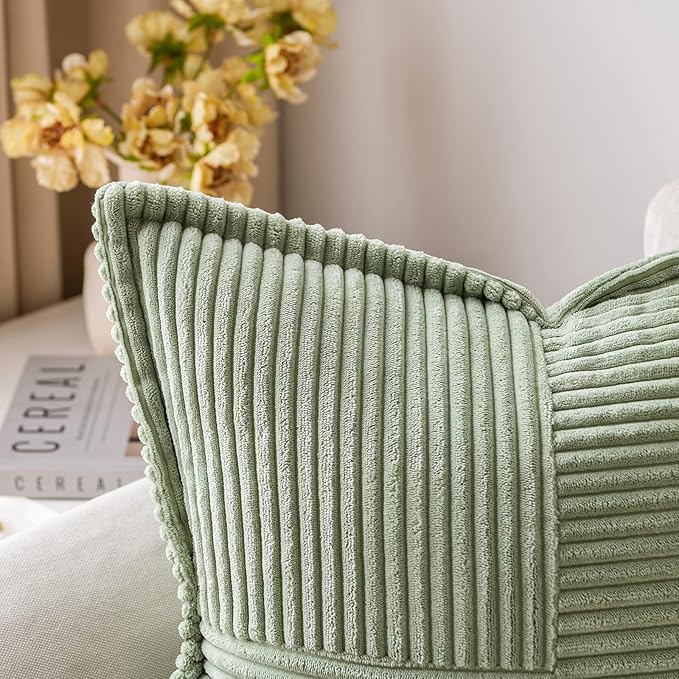 MIULEE Decorative Throw Pillow Covers for Couch Bed Livingroom 18x18 Inch Set of 2 Sage Green Boho Accent Throw Pllows Broadside Striped Patchwork Soft Corduroy Pillowcases