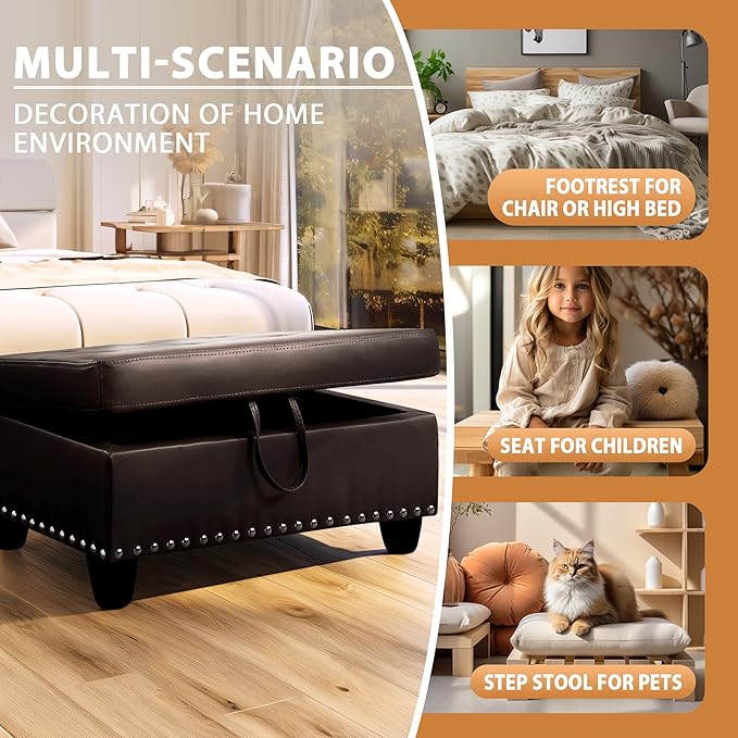 Ottoman Rectangular Storage Ottoman Bench, Faux Leather Footrest, Coffee Table, Stool Footstool with Hinged Lid for Living Room, Bedroom, Entryway, Brown, 28.5"x19"x17.5"