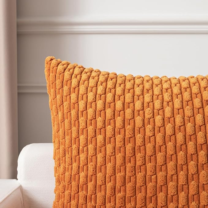Kevin Textile Fall Throw Pillow Covers Soft Corduroy Decorative Set of 2 Boho Striped Pillow Covers Pillowcases Farmhouse Home Decor for Couch Bed Sofa Living Room 18x18 Inch Orange Yellow