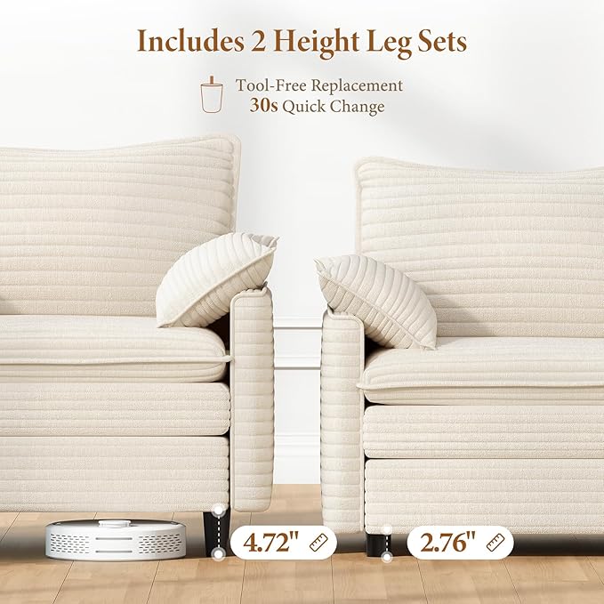 Vesgantti Large Modular Sectional Sofa, Big Comfy Cloud Couch with Ottoman Deep Seat Corduroy Cloud Sofa, 9 Seater Large Sectional Couches for Living Room, Bedroom and Apartment, Beige