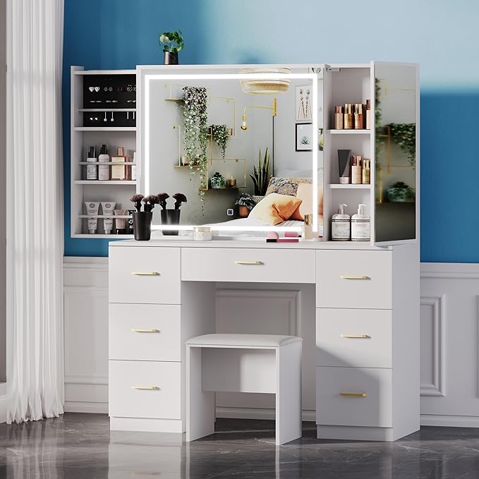 Makeup Vanity with Sliding Storage Wall-Mounted Jewelry,Mirror Cabinet,White Vanity Desk with Extra Large Mirror and Lights,7 Drawers Dressing Table with Vanity Stool&Storage Bench,for Bedroom