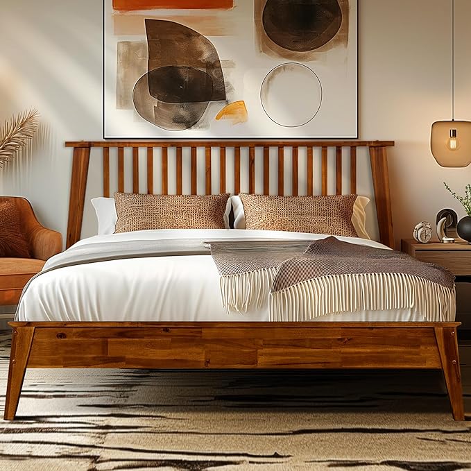 Acacia Kaylin Bed Frame with Headboard Solid Wood Platform Bed, King Bed Frame, Themed Headboard Wood Bed Compatible with All Mattress Types, No Box Spring Needed, Quick & Easy Assembly, Caramel.