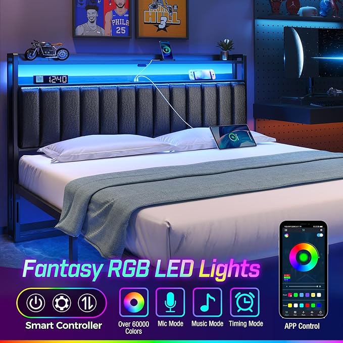 Rolanstar Headboard for King Size Bed with Storage, 60,000 DIY Color of LED Light, Head Board with USB & Type C Port, Height Adjustable, Black Upholstered Cabeceras de Cama Comfortable Modern, Leather