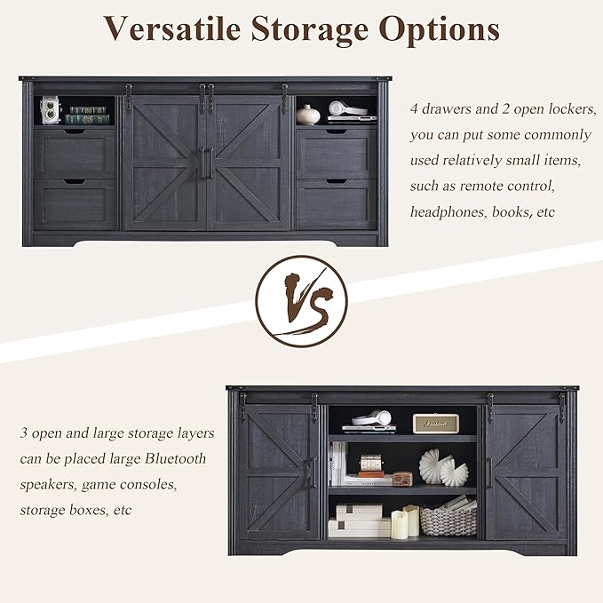 LINGMU Farmhouse TV Stand for 75 80 Inch TV, 32" Tall Entertainment Center w/4 Drawers & Sliding Barn Door, Rustic Media Console w/Storage Shelves, 66" Wood Television Stand for Living Room, Black