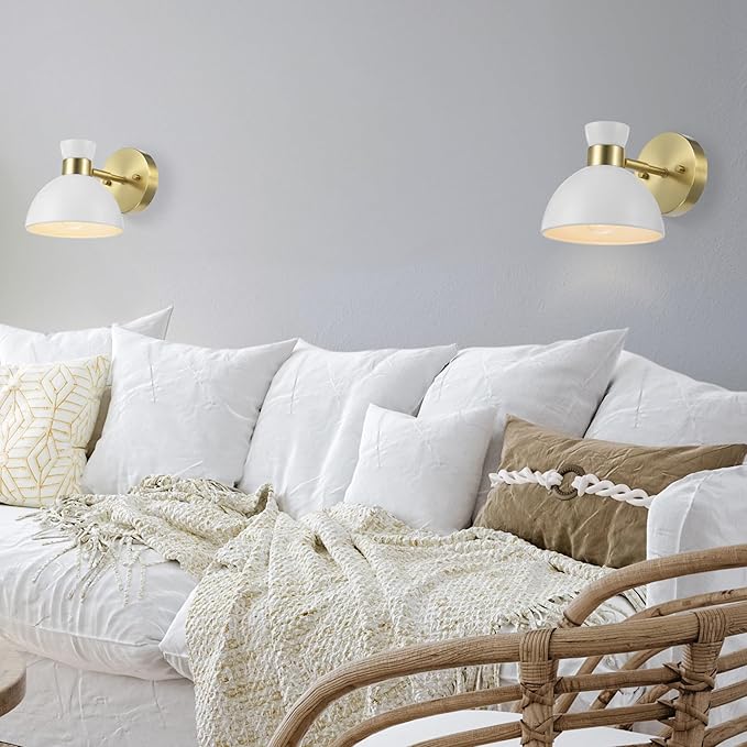 GLOBE Electric 65000099 1-Light Plug-in or Hardwire Wall Sconce, Matte Brass, Matte White Pivoting Metal Shade, 6ft Clear Cord, in-Line Rocker Switch, Wall Lights for Living Room, Bedroom, Den